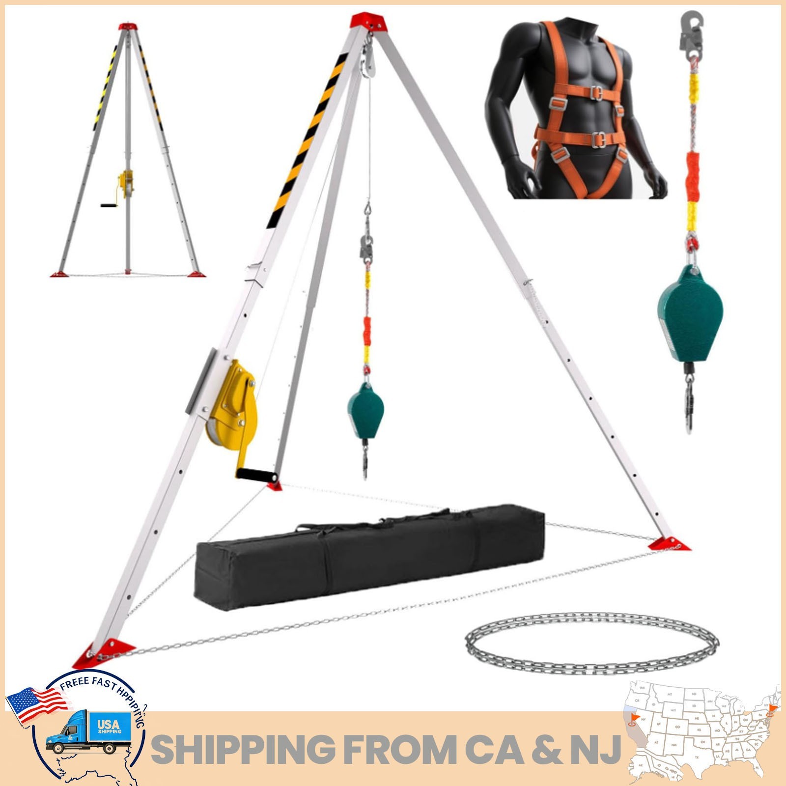 Confined Space Tripod, 2800LB/ 2000LB Sewer Rescue Tripod Kit w/8ft Safety Chain