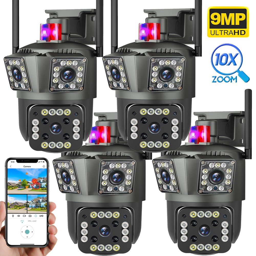 4K 9MP HD 3 Lens Home Security Camera Outdoor WiFi Wireless 360° PTZ CCTV IR Cam