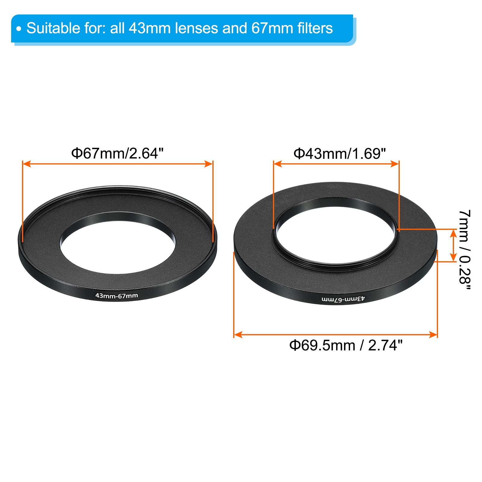 43mm-67mm Metal Step Up Ring, 2 Pcs Camera Lens Filter Adapter Ring Black