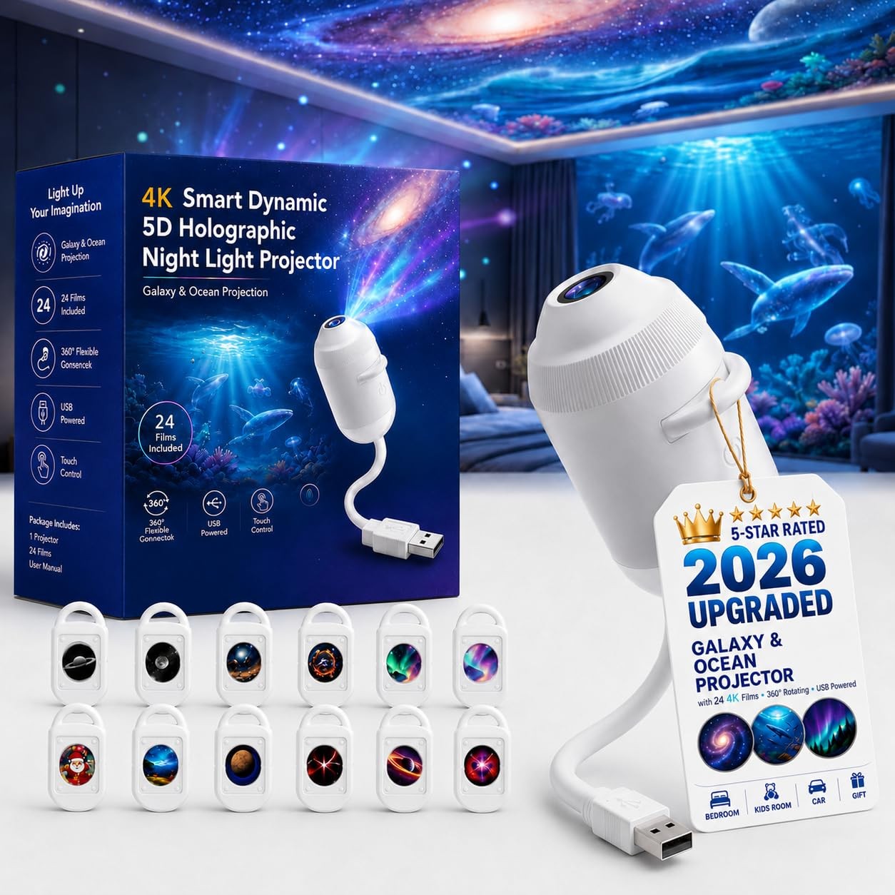 Hd Smart Dynamic 5D Holographic Night Light Projector, Play HD Star Projector