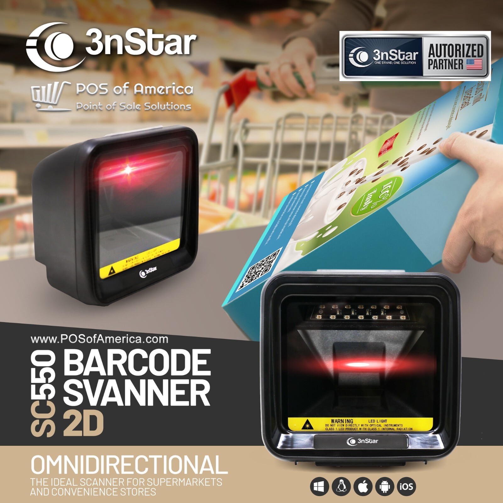 3nStar Hands Free Omni-directional Barcode Scanner 2D (SC550) RETAIL