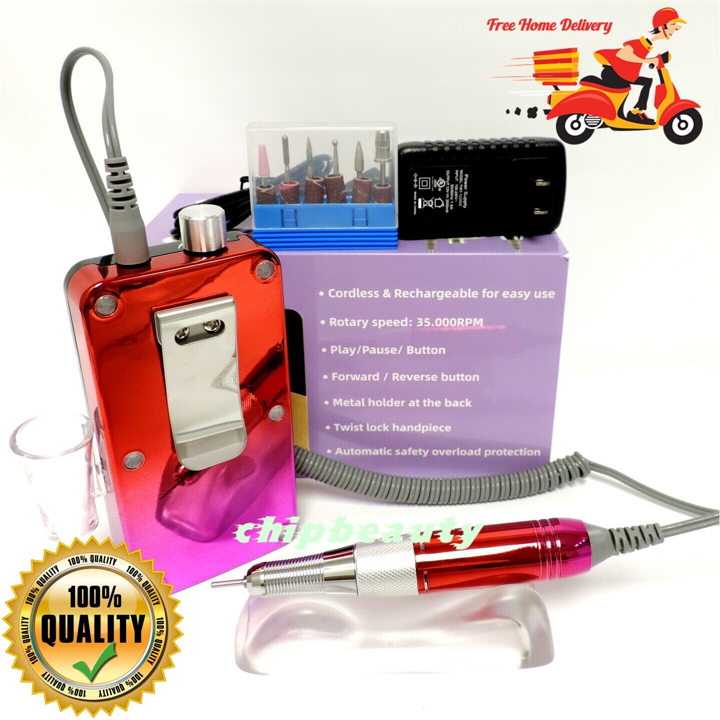 35000RPM Nail Drill Machine Portable Rechargeable *Pink Red Drill & Handle