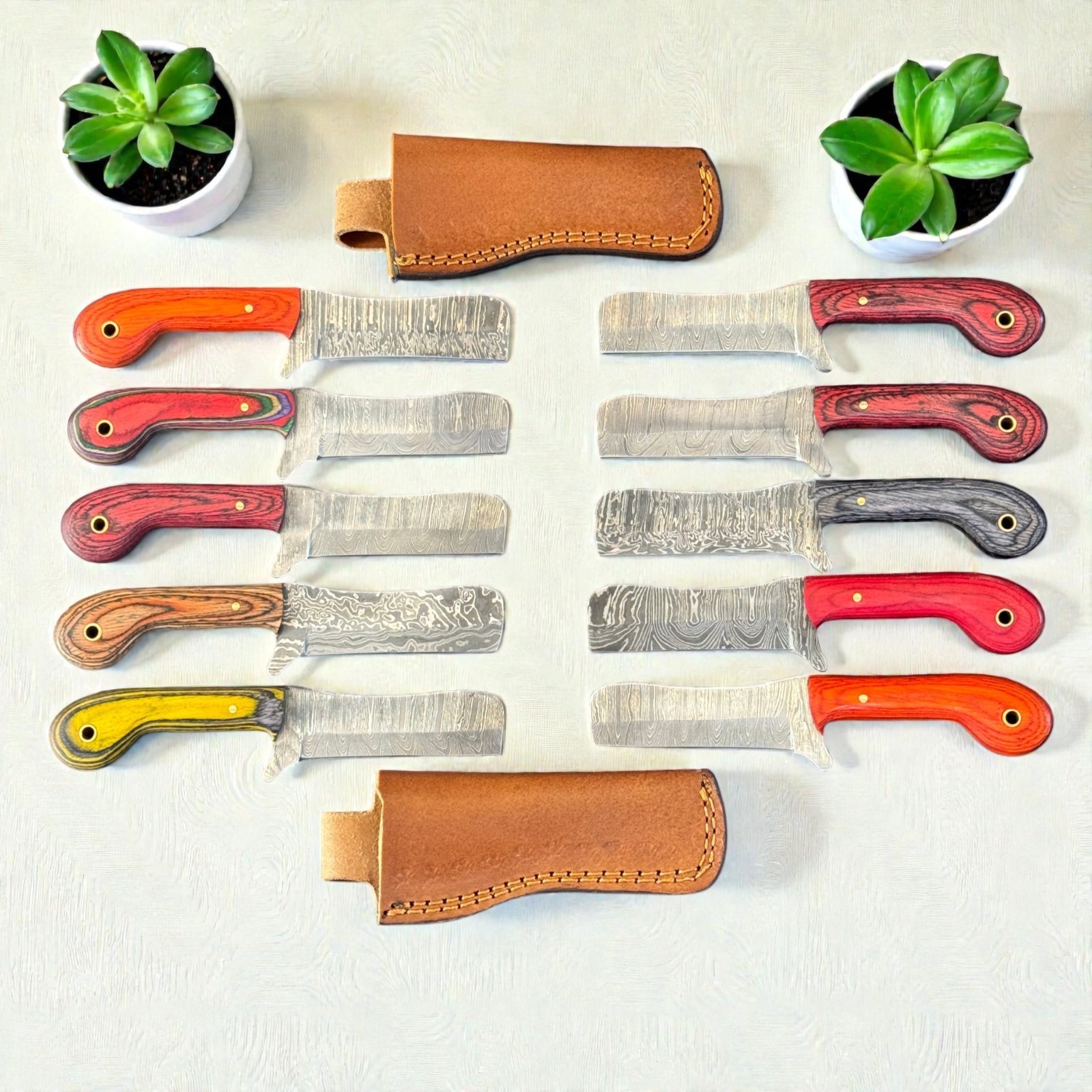 Bull Cutter Knives | Lot of 10 | Damascus Steel | Premium Wood | Bolster | D249