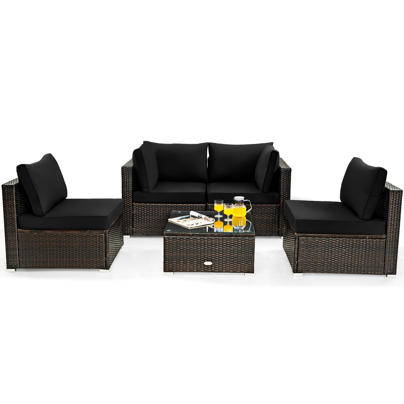 Costway 5PCS Patio Rattan Furniture Set Cushioned Sofa Chair Coffee Table Black