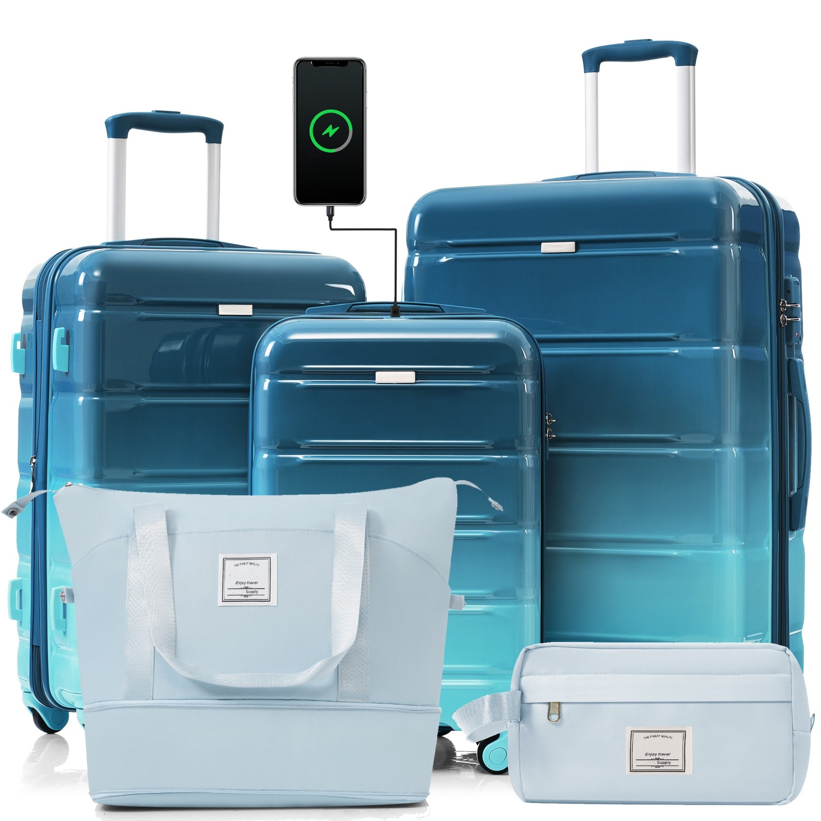 Hardshell ABS Luggage Set Durable Carry-On Suitcases with Travel Bag USB Port