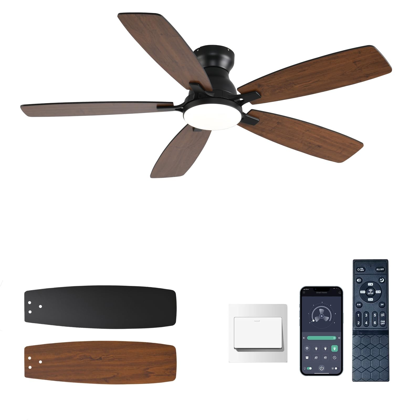 Low Profile 52" Ceiling Fan with Lights & Remote Control, Noiseless DC Motor, Fl