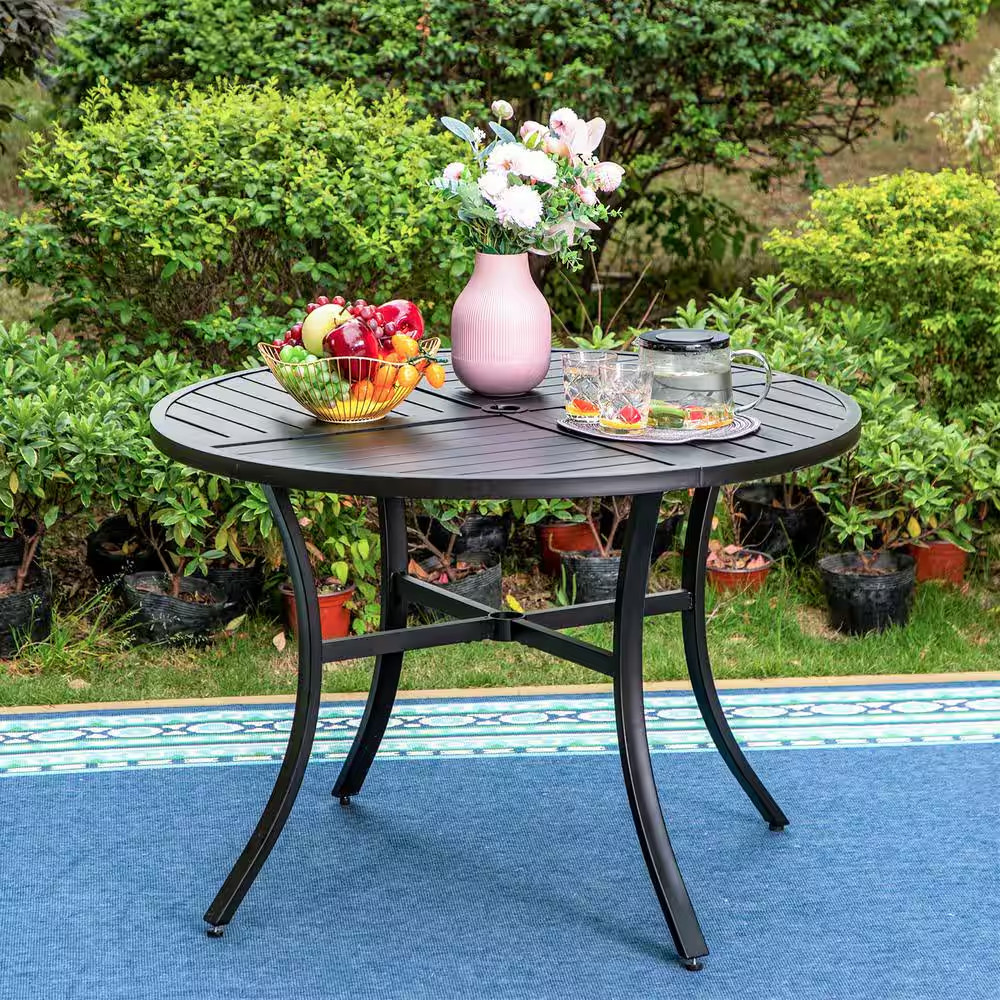 Black 5-Piece Metal Patio Outdoor Dining Sets with Stamped round Table and Gourd