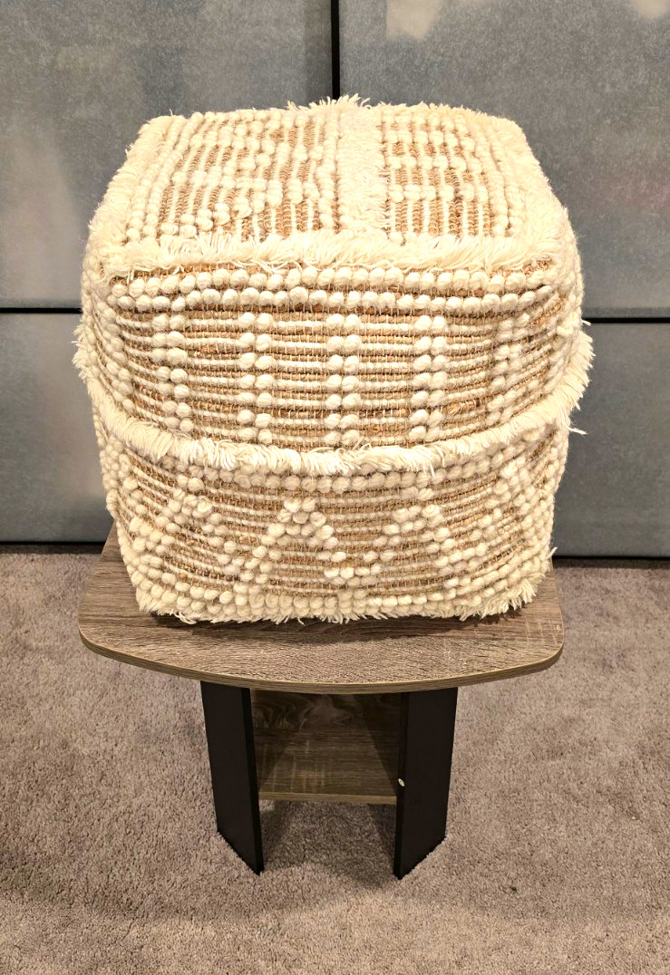 Square Boho Geometric Pouf Ottoman Footstool, Beige/White, Removable Cover 16"