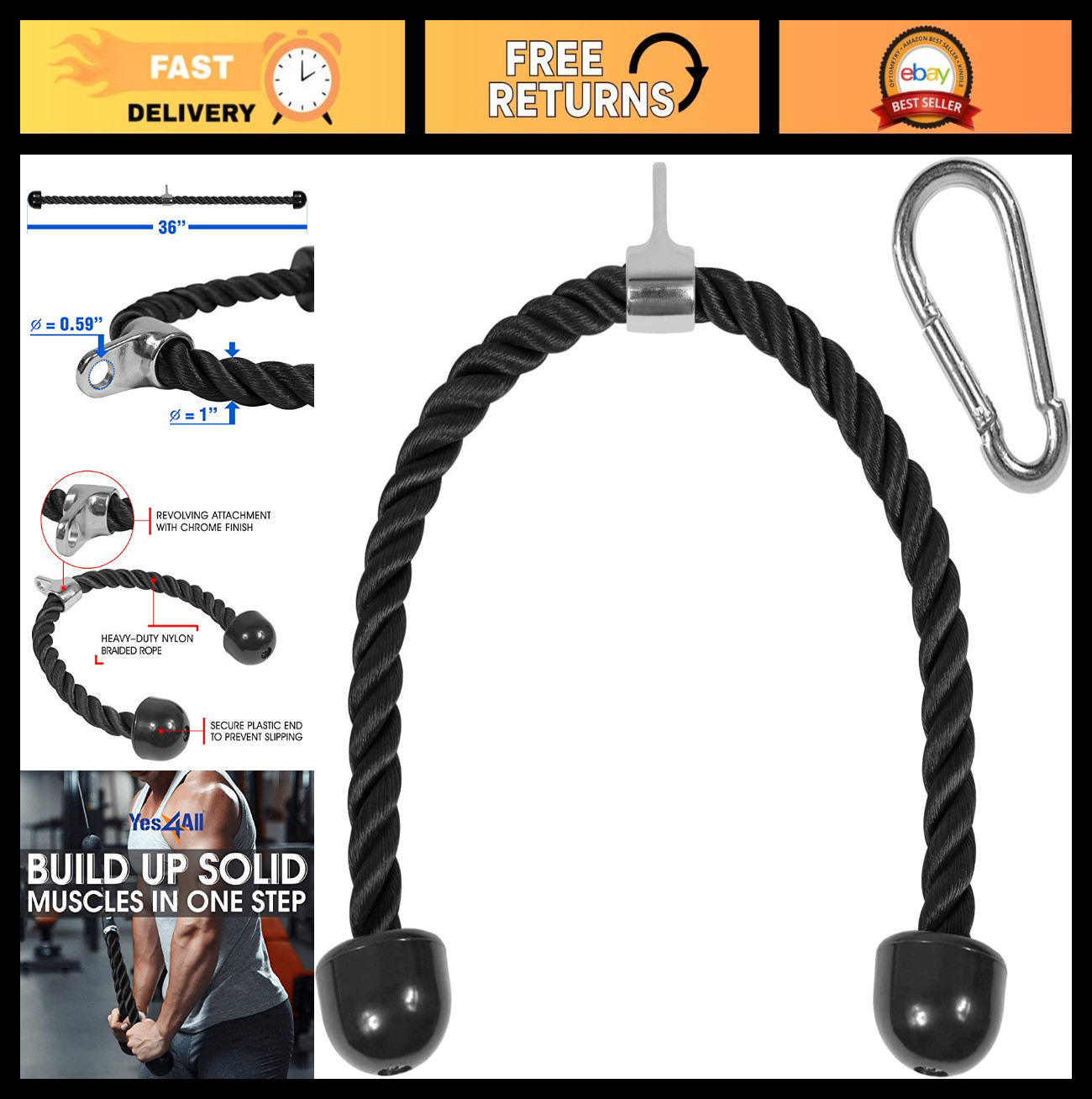 Deluxe Tricep Rope Cable Attachment - 27 & 36 Inch, Gym Pulley System, 4 Colors