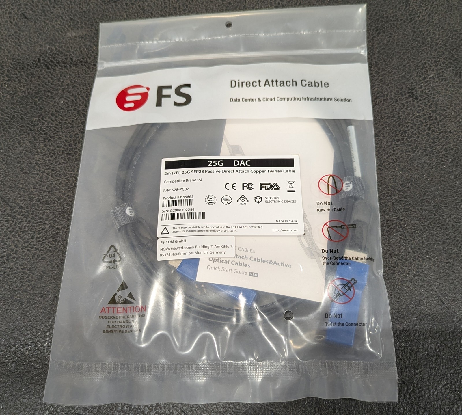 Factory Sealed FS S28-PC02 2M 25G SFP28 Passive DAC Copper Twinax Cable