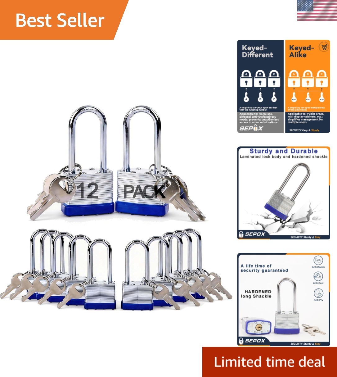 12Pcs Set Keyed-Alike Laminated Steel Padlocks with Same-Key, 2-3/8" Extra Lo...