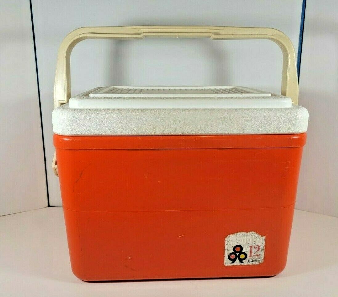 Vintage Family Thermos Cooler Orange White 12 quarts with locking lid, cup holds