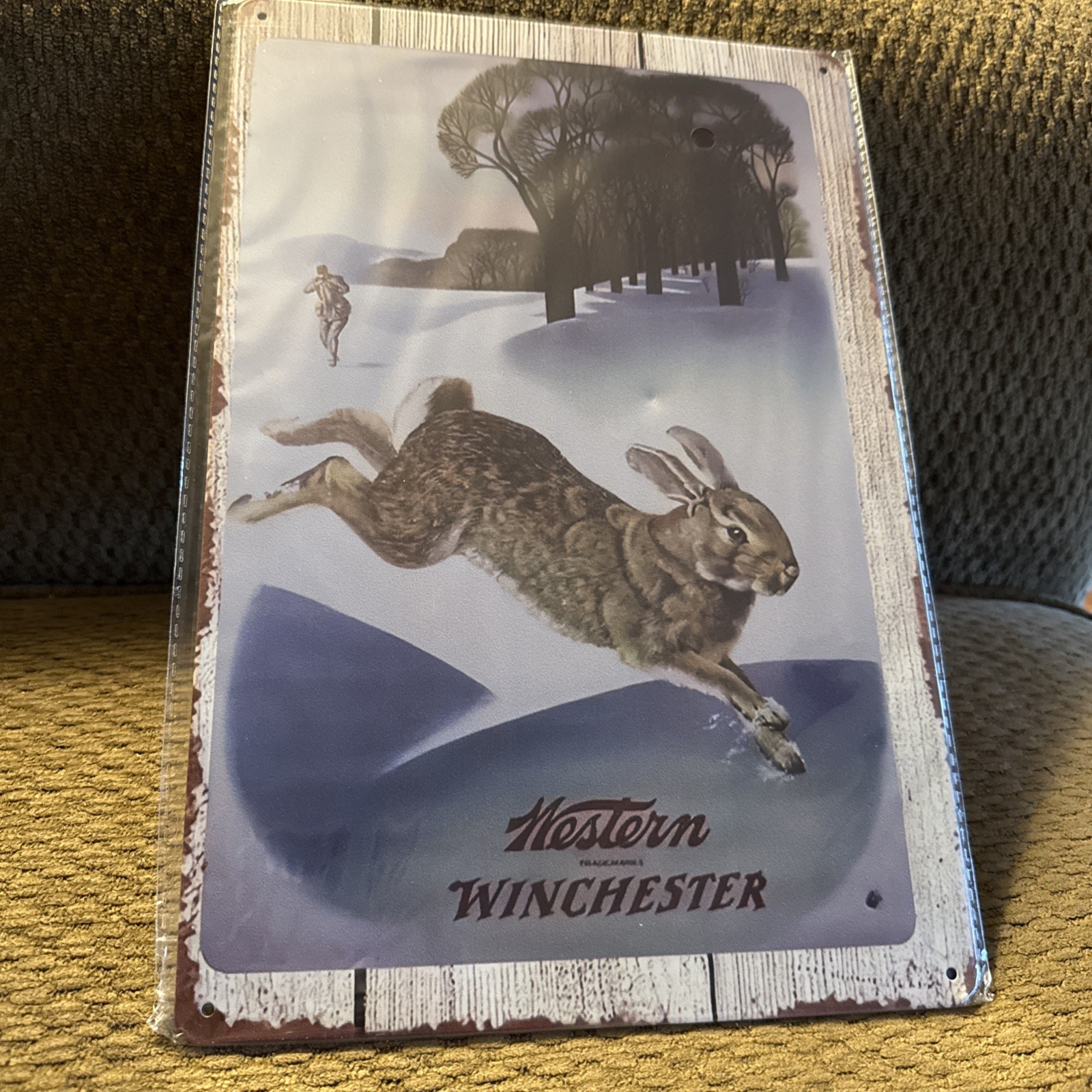 “Western Winchester”  Hunting Rabbit Scene Reproduction Metal Tin 12”x8”w/ding