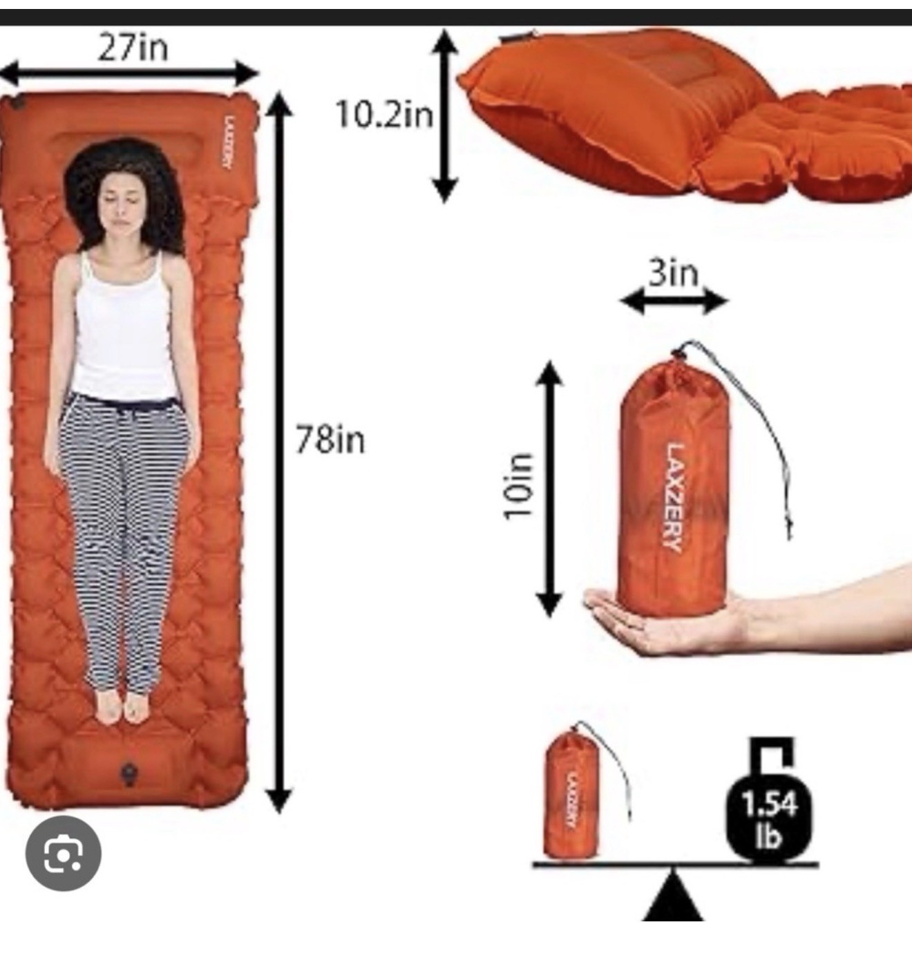 LAXZERY Inflatable Ultralight Roll Up Camping Mattress Orange 78x27in Single