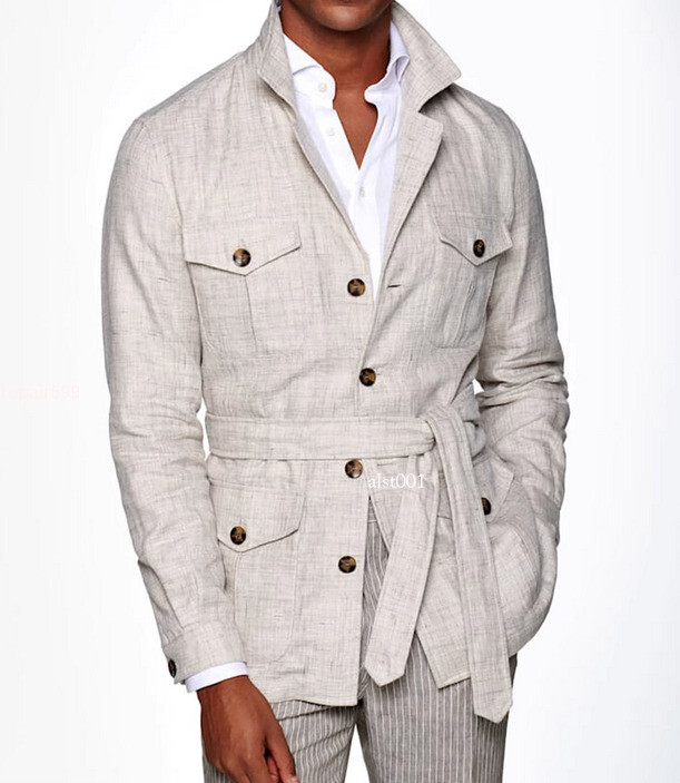 Mens Casual Tops Retro Cotton Linen Safari Jacket Breathable Belted Hunting Coat