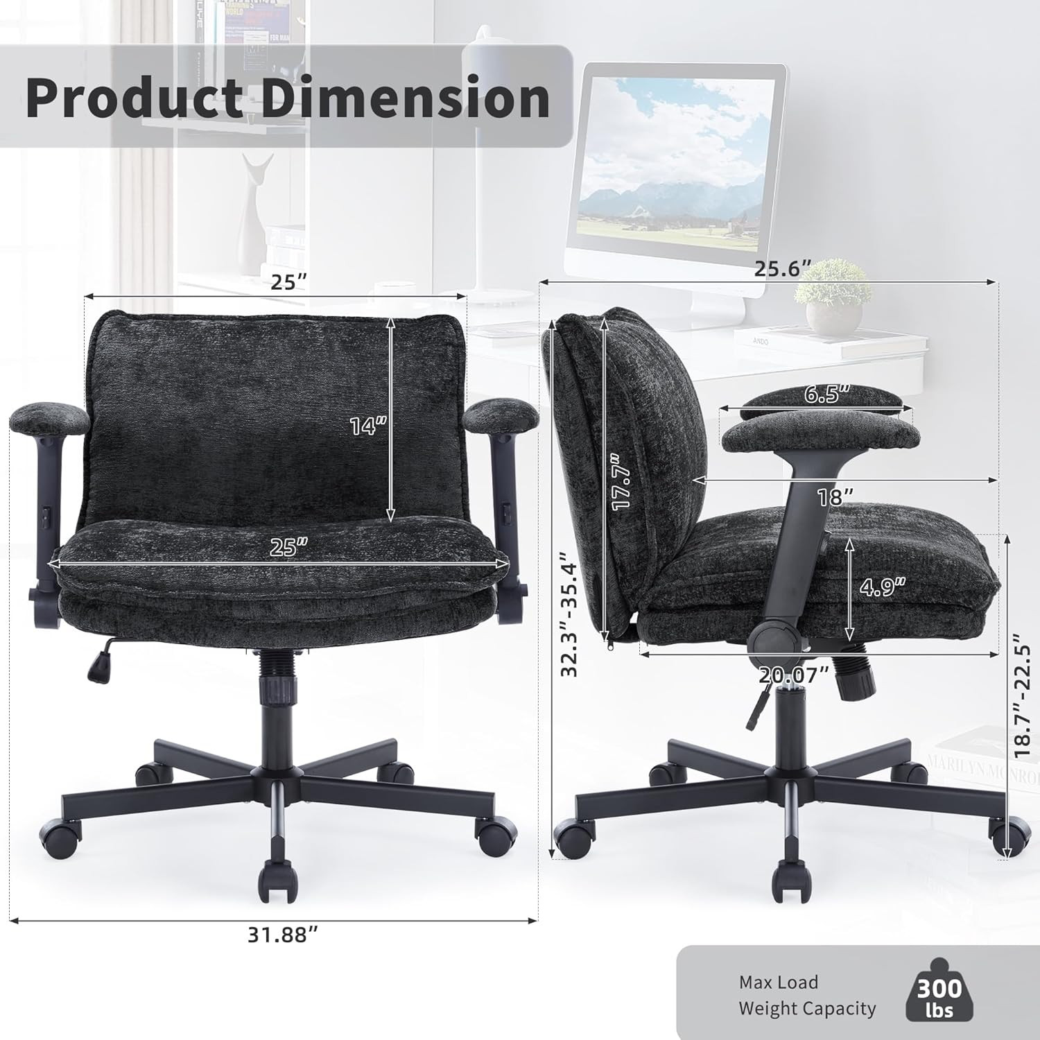 Cross Legged Office Chair, Height Adjustable Swivel Desk Chair with Flip-Up Arms