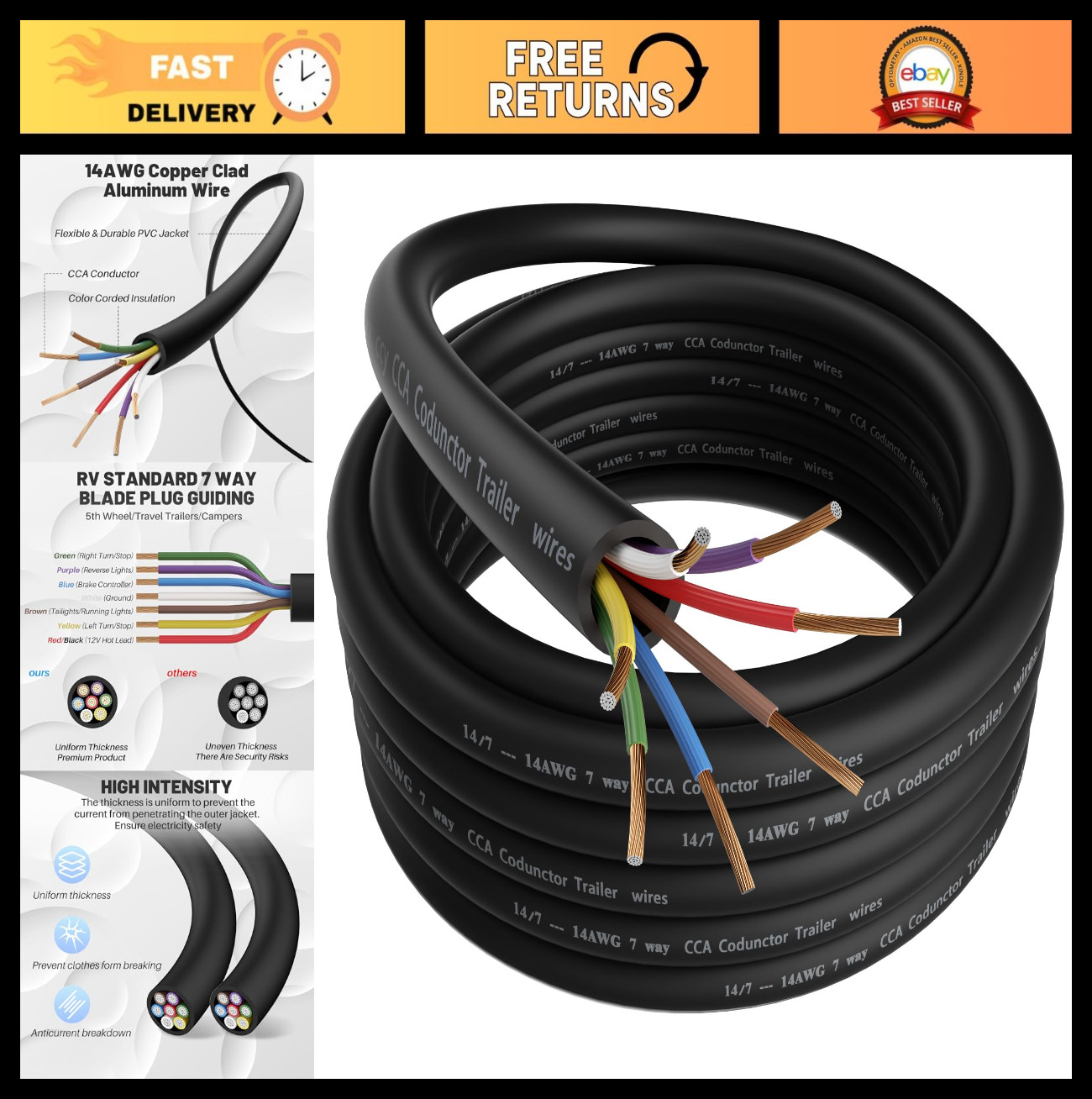 7-Way Trailer Wiring 25FT, Heavy-Duty 14AWG Copper Clad Cable, Color-Coded Insul