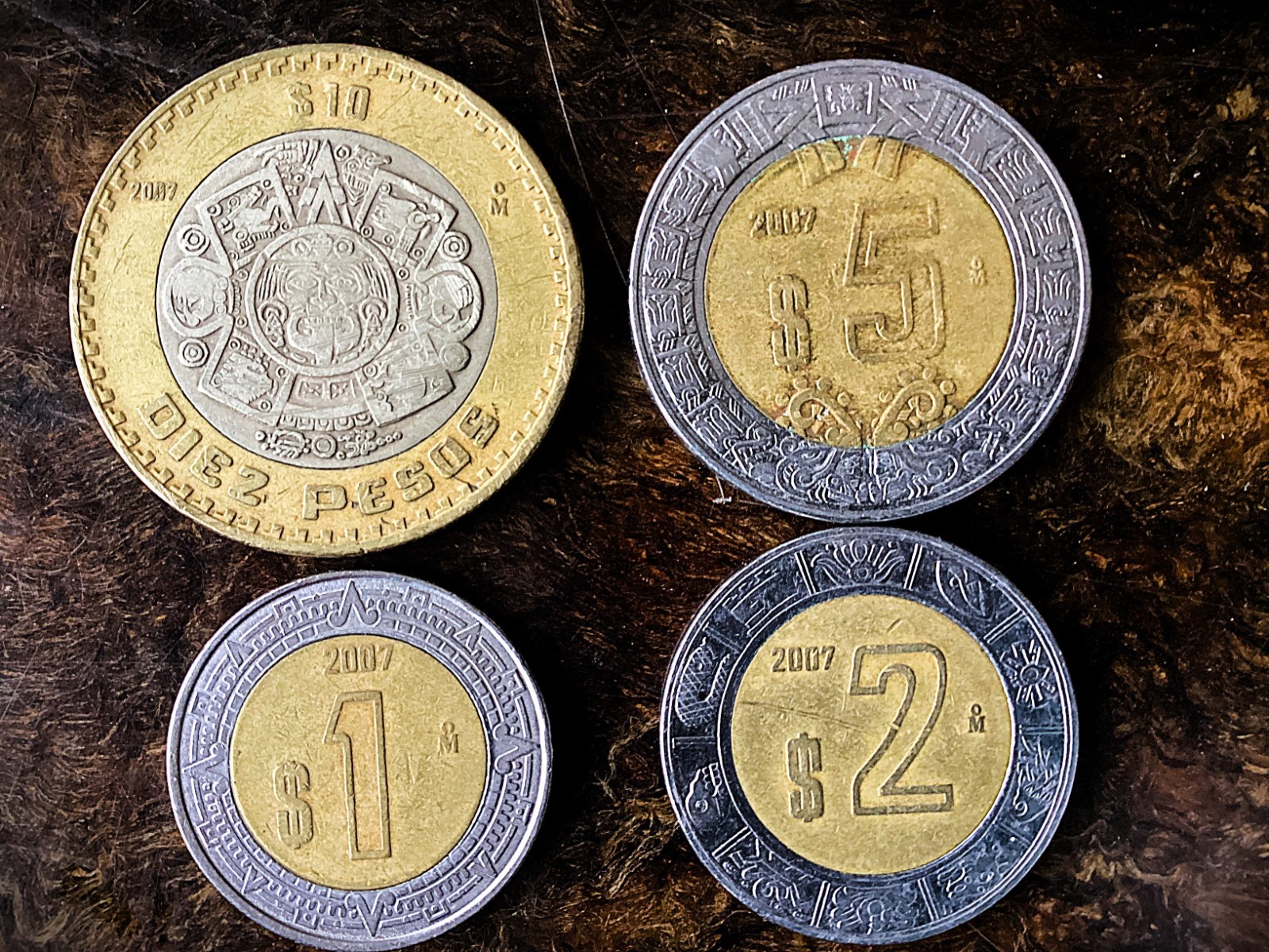 BIMETALIC MEXICAN COINS LOT $10 $5 $2 $1 PESOS 2007 PIEDRA DEL SOL #1468M