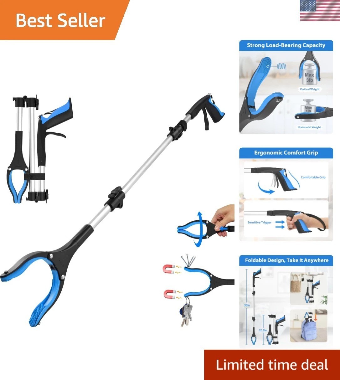 Ergonomic 36-Inch Grabber Tool for Limited Mobility - Foldable & Adjustable