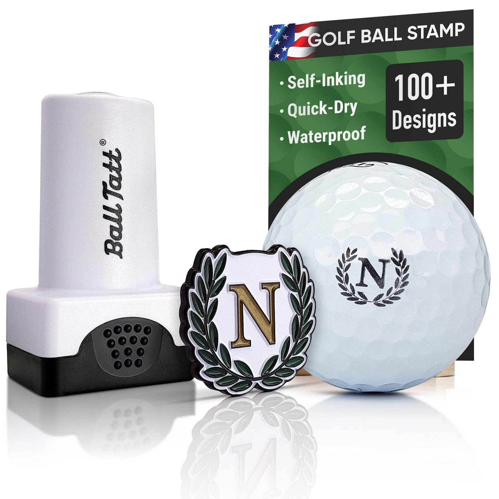 Ball Tatt - N Initial Golf Ball Stamp Self-Inking with Monogram Ball Marker