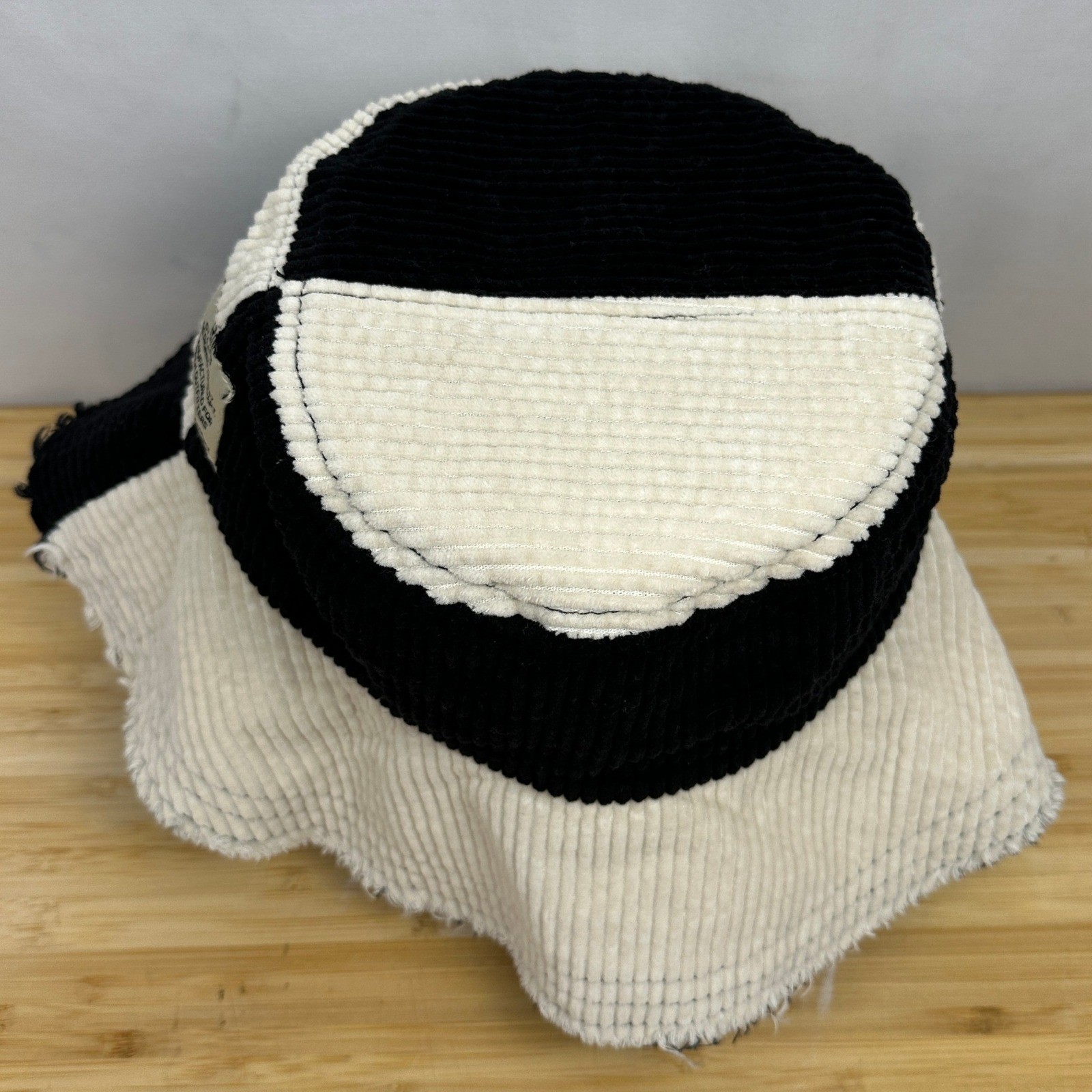 BDG Urban Outfitters Black White Corduroy Bucket Hat Frayed Colorblock Patch