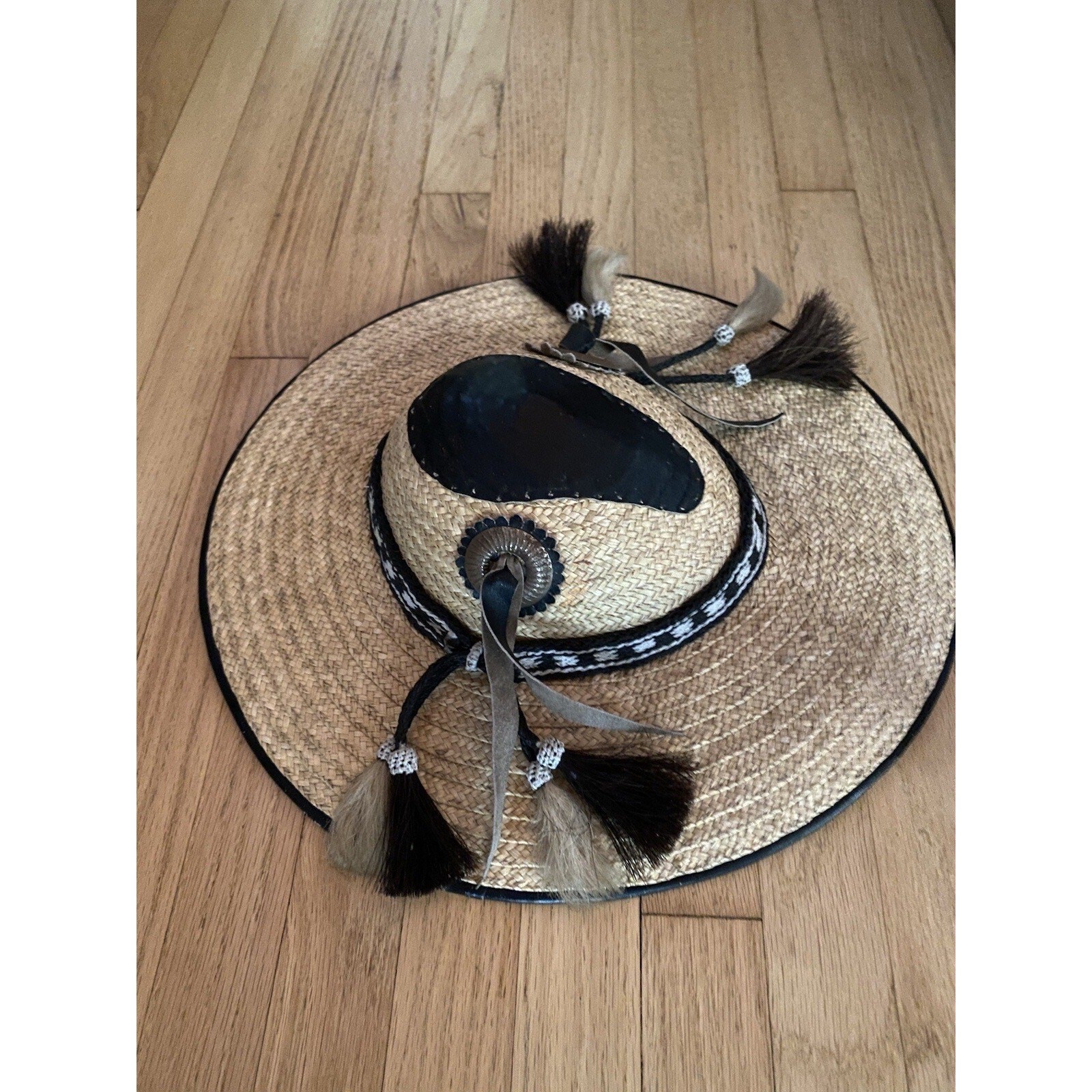 West Africa Safari Leather Straw Zebra Fringe Hat Outback Rare Vintage
