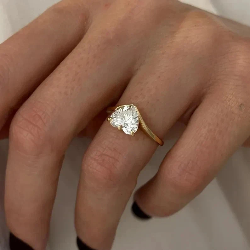 White Moissanite 2.70 Ct Heart Cut Prong Wedding Ring 14K Yellow Gold Finish