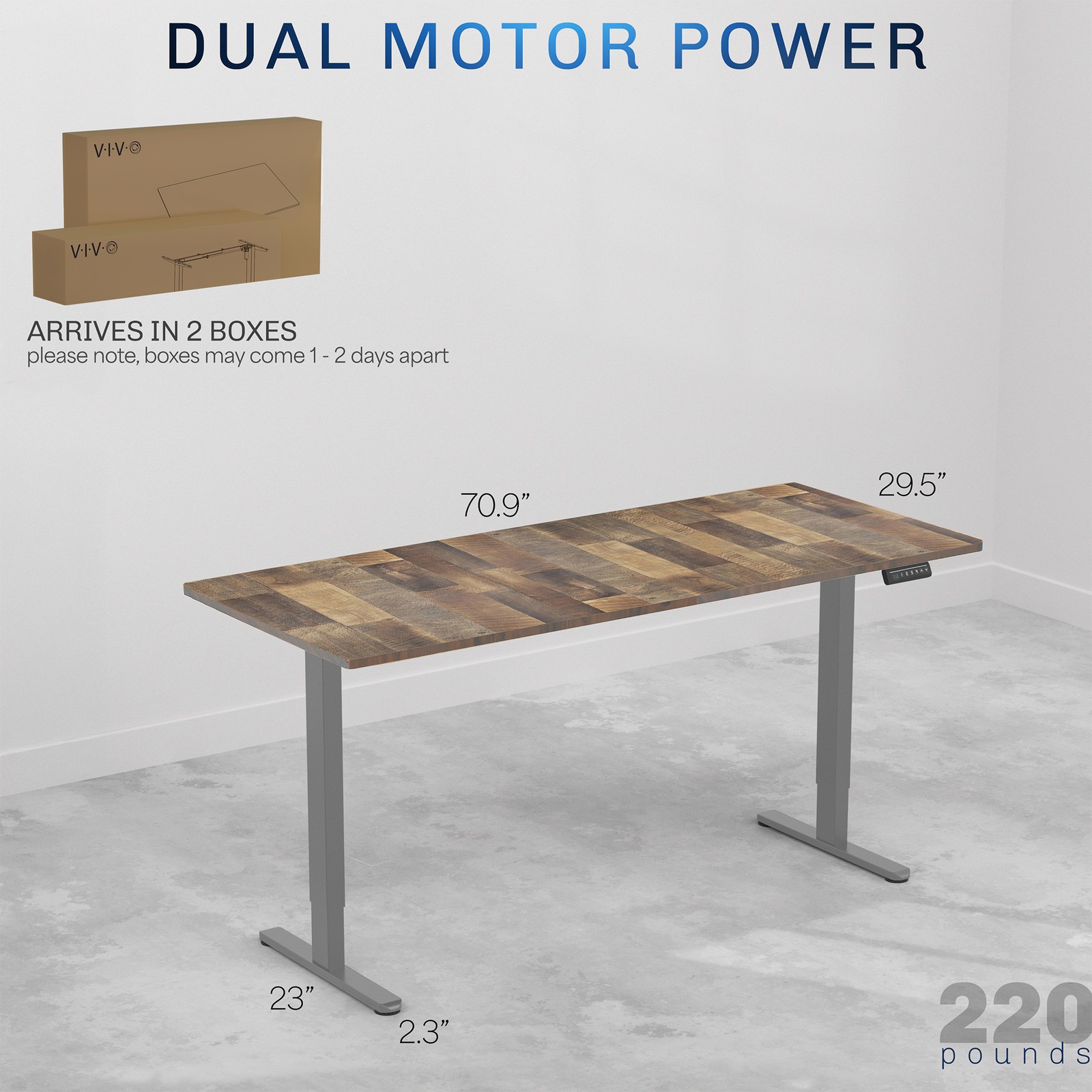 VIVO Dual Motor 71” x 30” Standing Desk, 1-Piece Reclaimed Wood Top, Gray Frame
