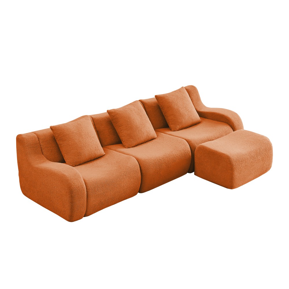 3-Seat Sofa w/ Teddy Fabric, Anti-Slip Base & Curved Armrests - Orange