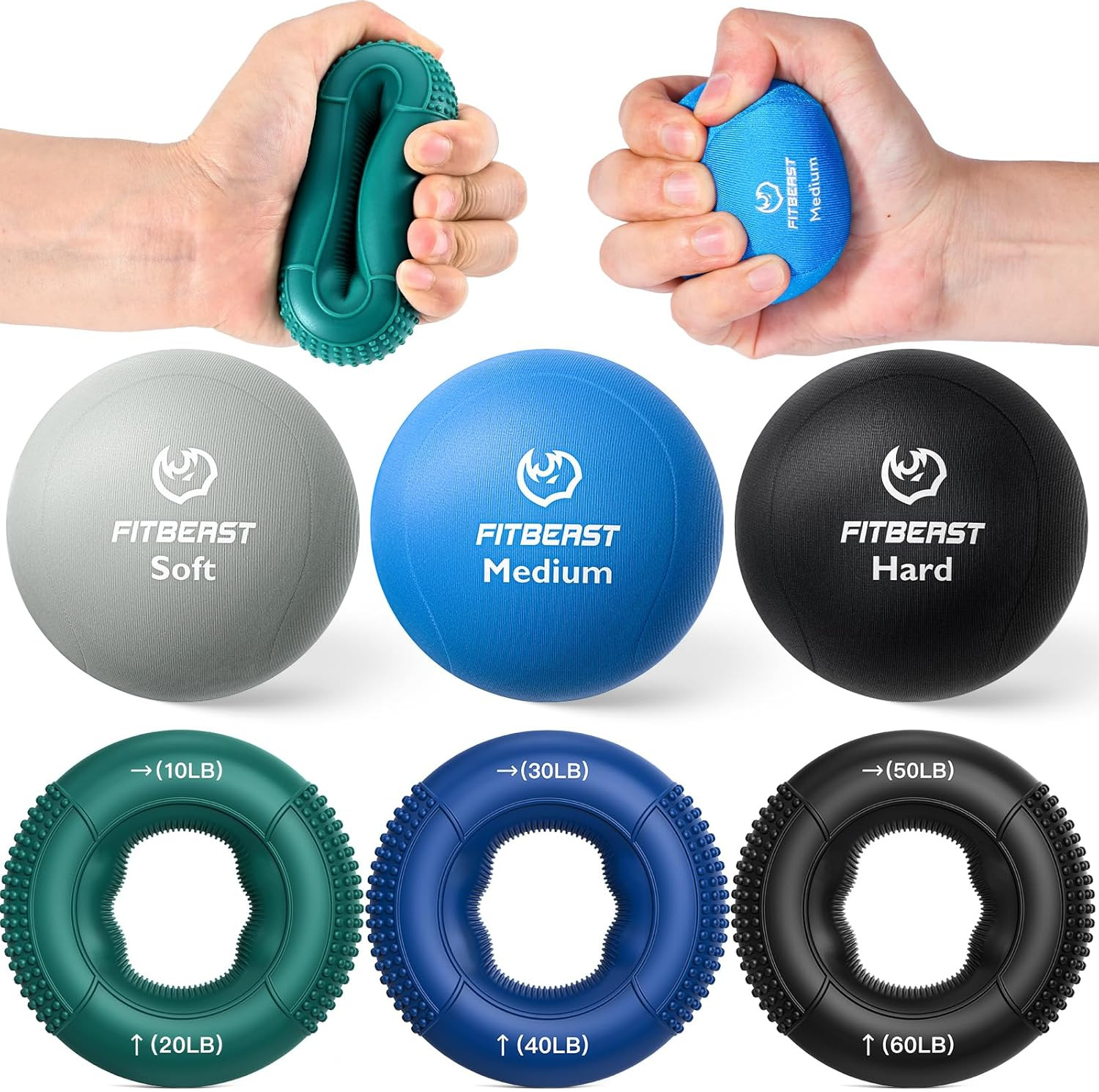 Grip Strength Trainer Set 6 Pieces, Finger Exerciser, Stress Balls for Adults