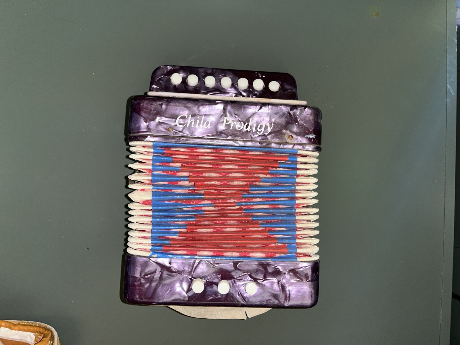 Vintage Child Prodigy Toy Faux Red Mother Of Pearl 7 Key Accordion - Shen Tong