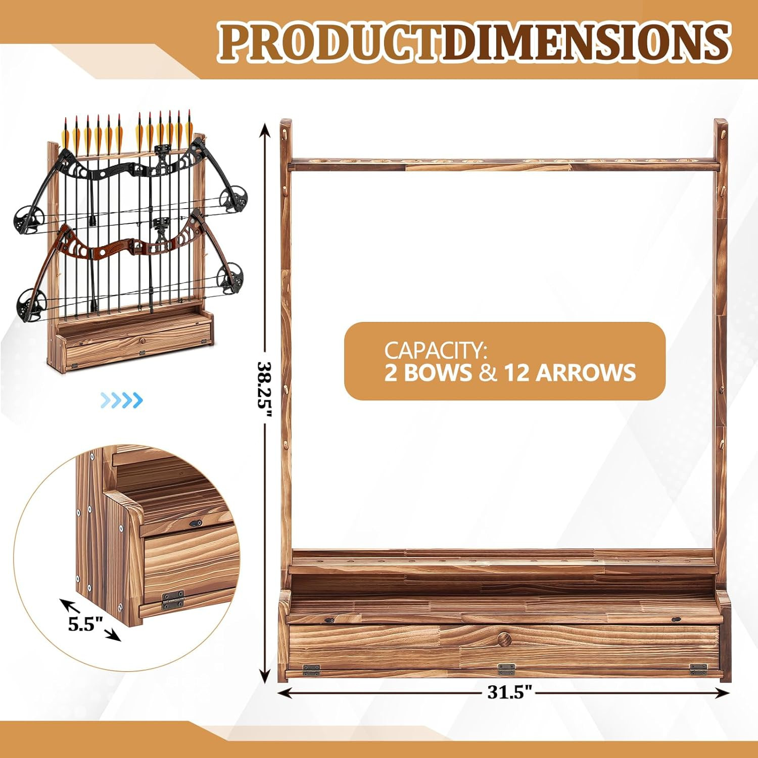 2 Bow and 12 Arrow Wall Mounted Display Rack Compound Solid Wood Arrow Holder, R