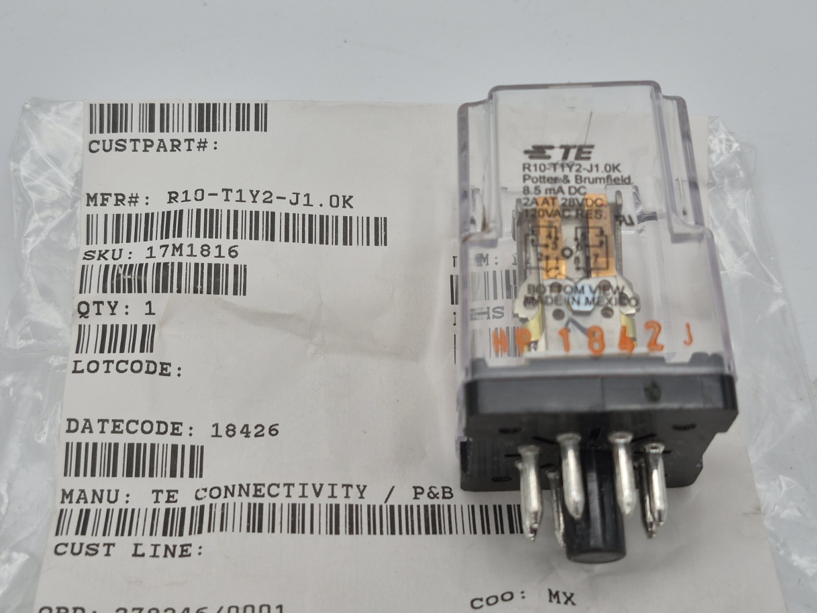 TE CONNECTIVITY R10-T1Y2-J1.0K / R10T1Y2J10K Potter & Brumfield 8-pin RELAY