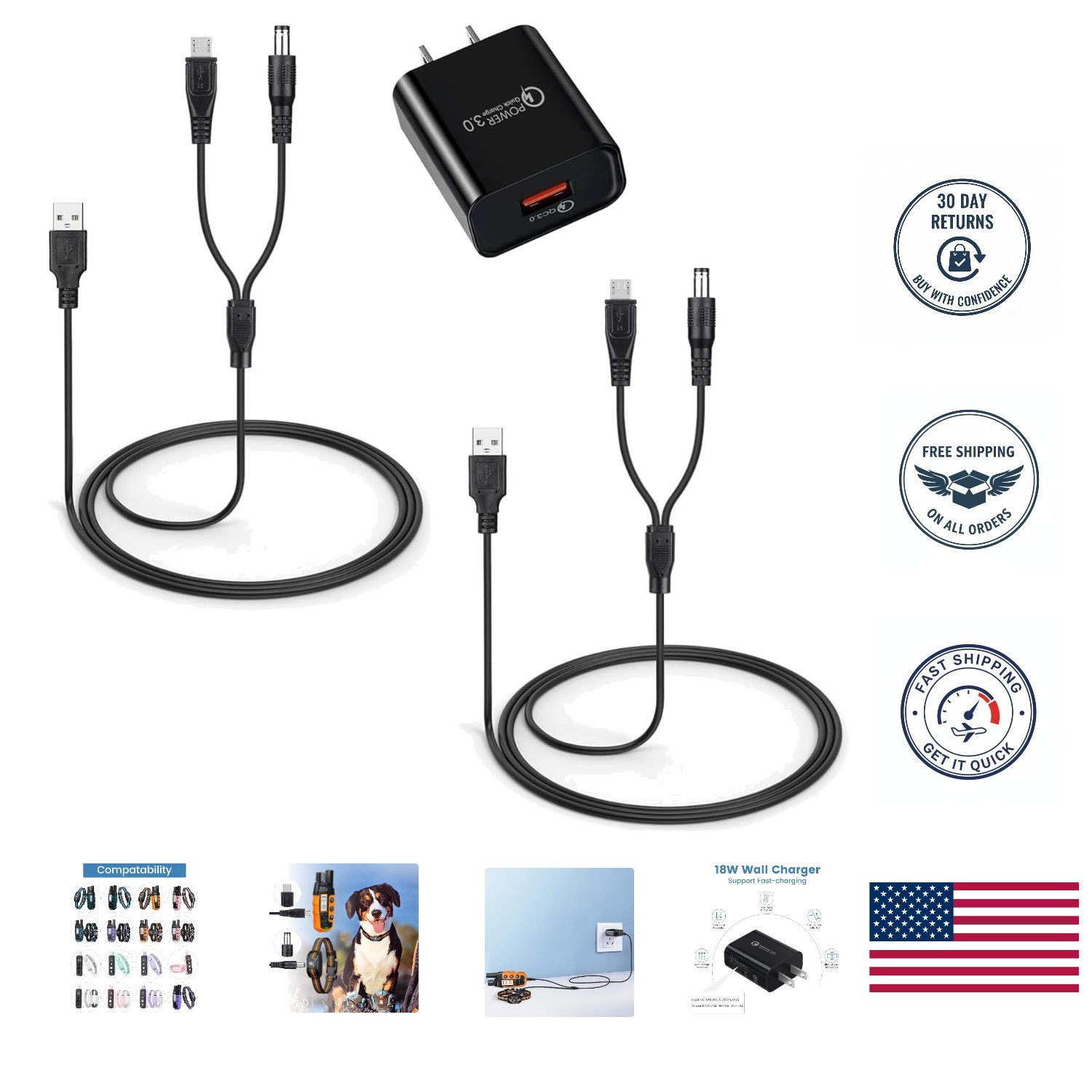 Efficient 2-Pack Charger for Bousnic Dog Collars - USB Cable and Power Adapter