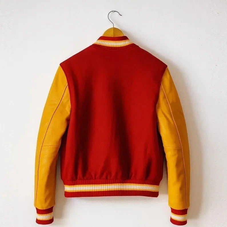 Men`s MJ Red Yellow Varsity Jacket Men Wool Leather Baseball Jacket