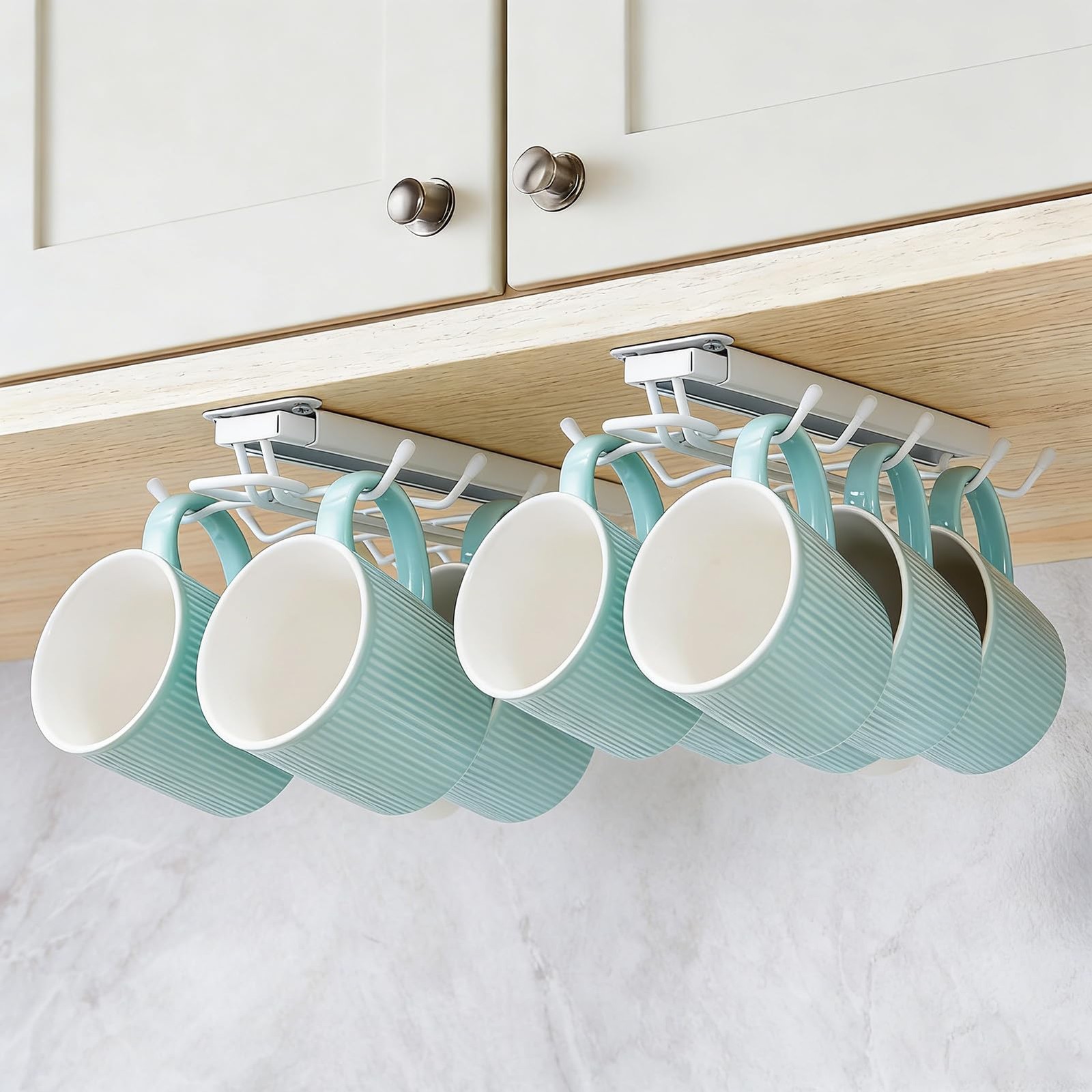 Sliding Mug Hooks Under Cabinet - Pull Out Coffee Cup Holder Rack with 12 Hoo...