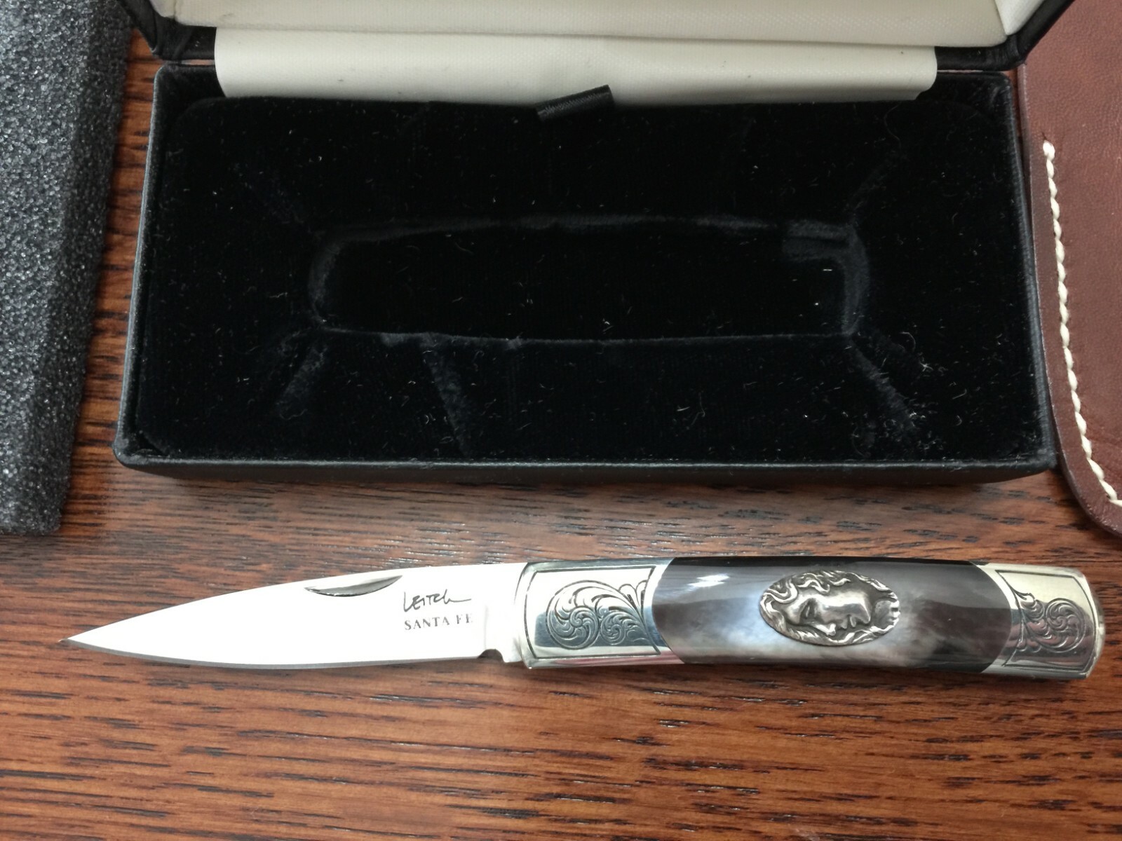 John B. Leitch Deco Lady Engraved Acero Slipjoint with Blacklip Mother of Pearl