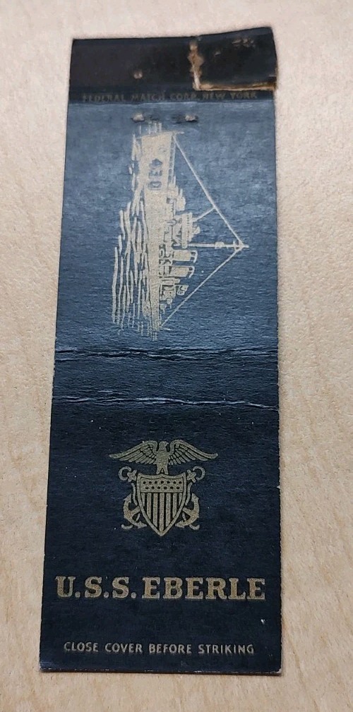 USS Eberle DD-430 Gleaves Class Destroyer Federal Matchbook Cover WWII WW2 USN