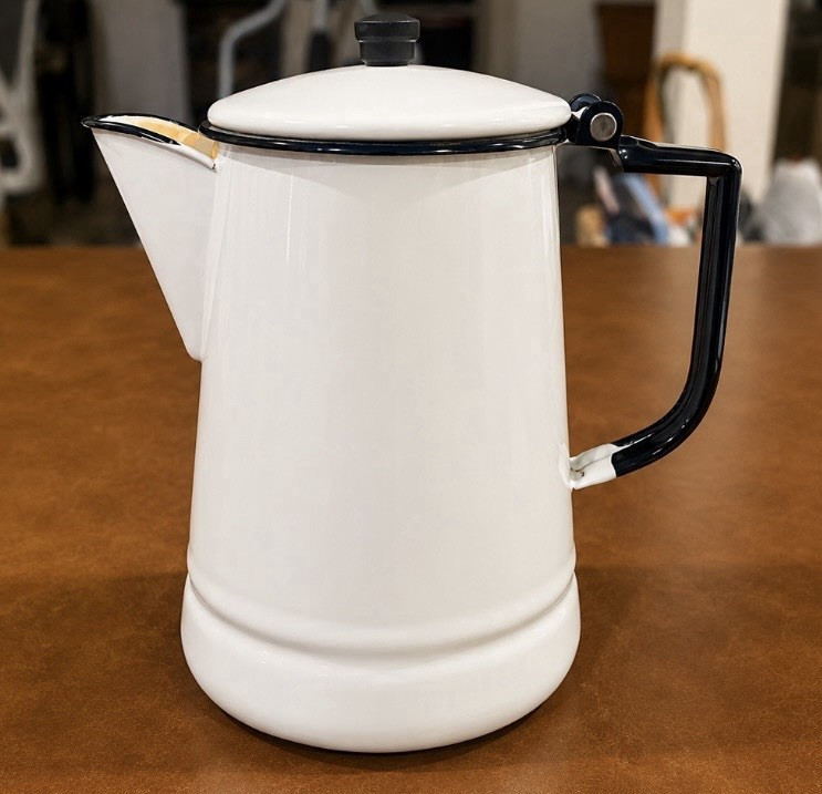 Vintage White Enamel Coffee Pot with Hinged Lid
