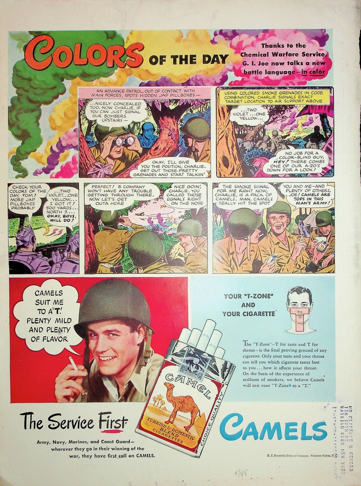 Original 1945 Vintage Camel Ad: Ft. Colors of the Day, The Service First Camels