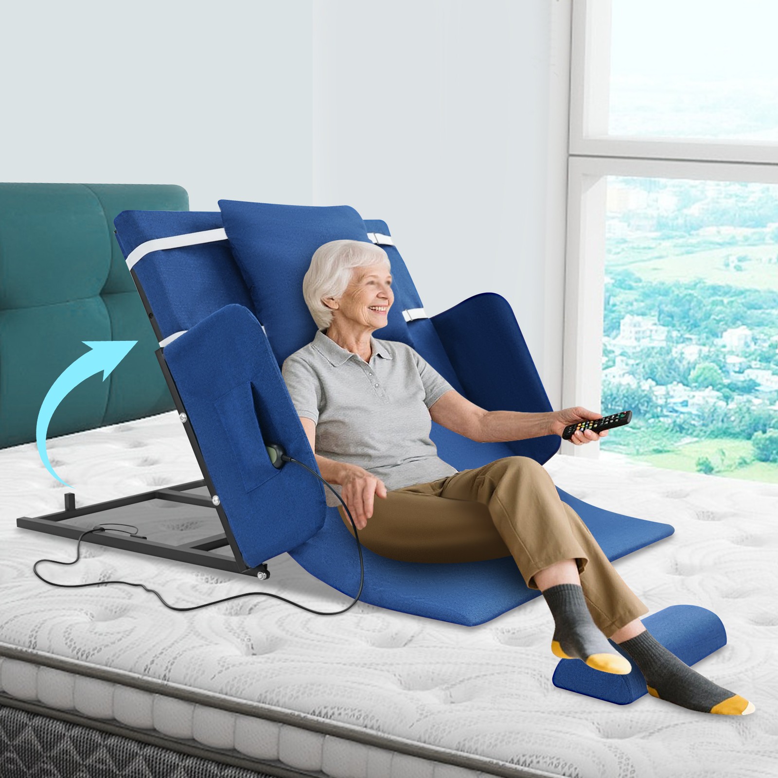 Electric Adjustable Backrest 80° for Elderly with Handrails & Comfort Padding