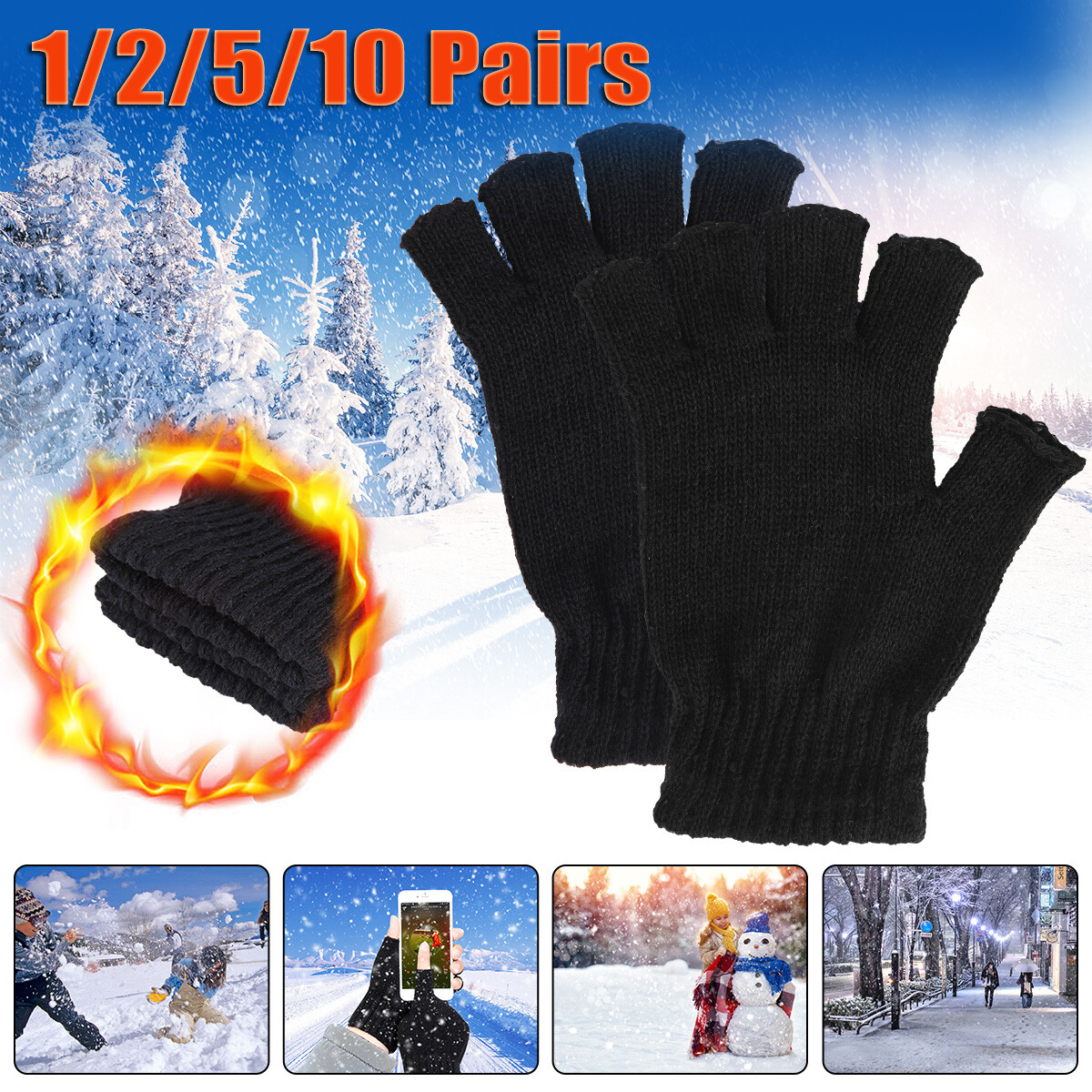 Men Women Thermal Knitted Fingerless Gloves Winter Warm Half Finger Gloves Black