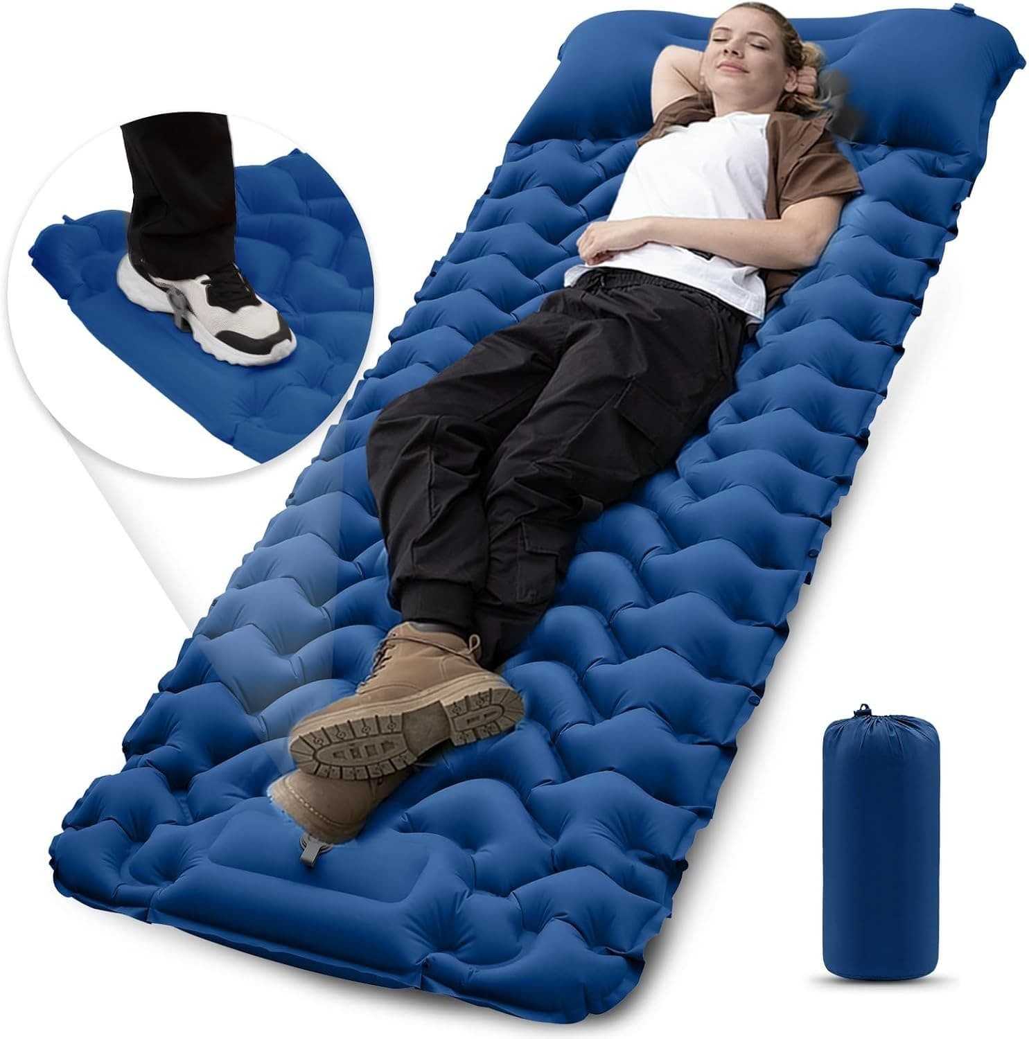 Inflatable Camping Sleeping Pad Foot Pump Ultralight Air Mat With Pillow