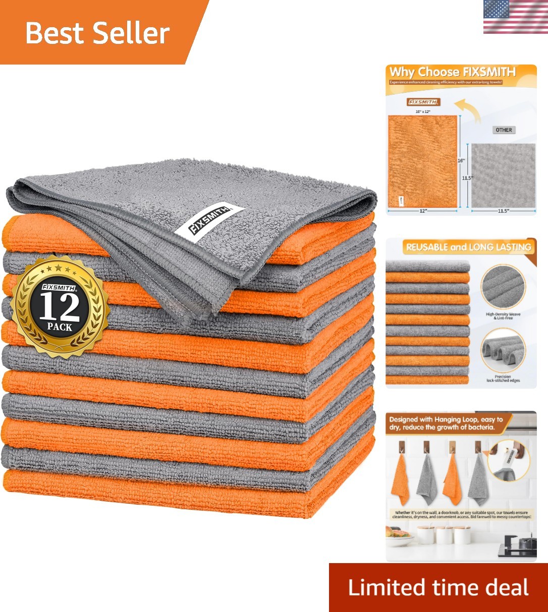 Microfiber Cleaning Cloth -Pack of 12, Highly Absorbent Cleaning RagsGrey&Ora...