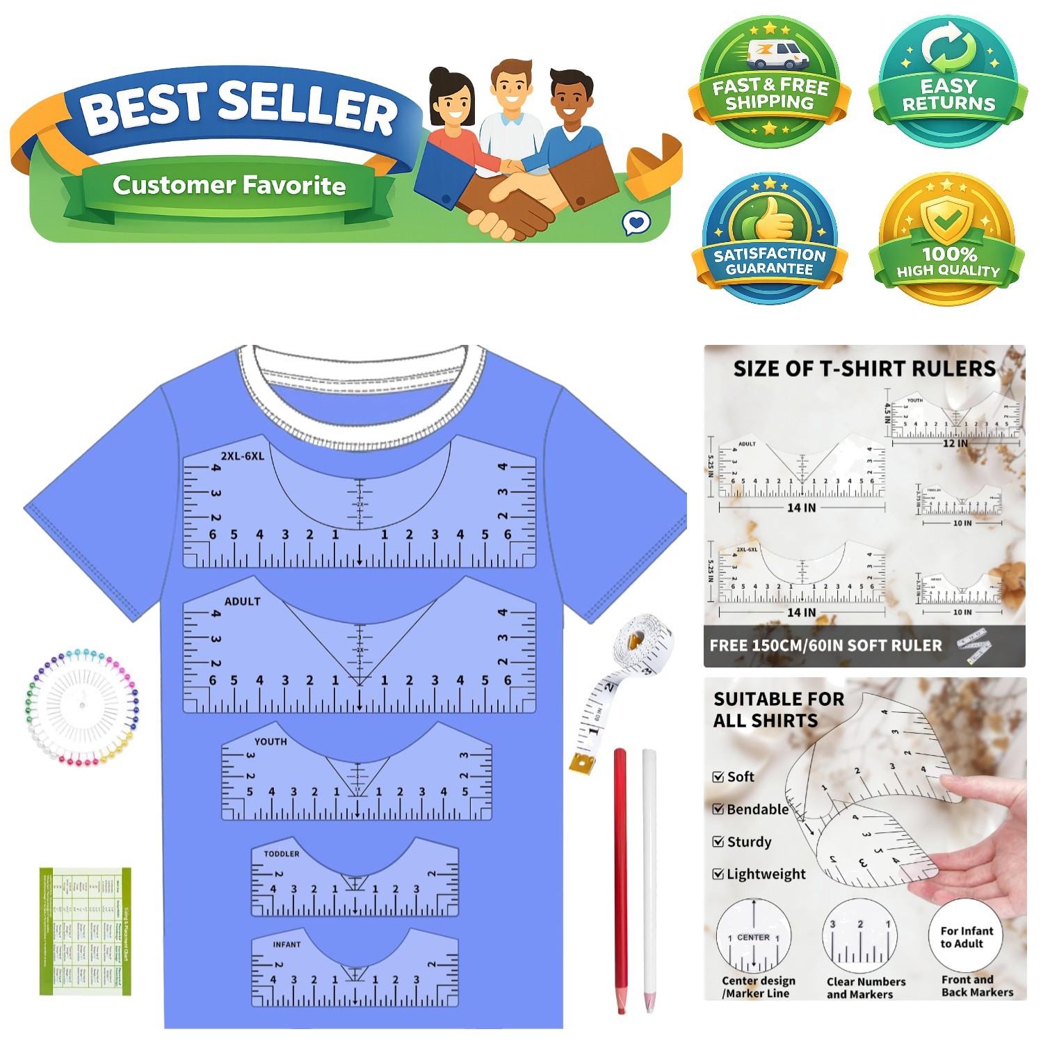 Tshirt Ruler Guide for Vinyl Alignment, T Shirt Rulers to Center Designs, PVC...