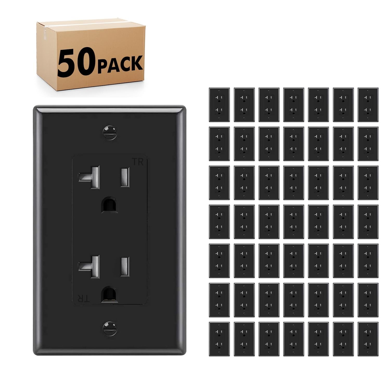 50Pack Black Outlet Socket, Decora Duplex Receptacle, 20 Amp 125 Volt With Plate