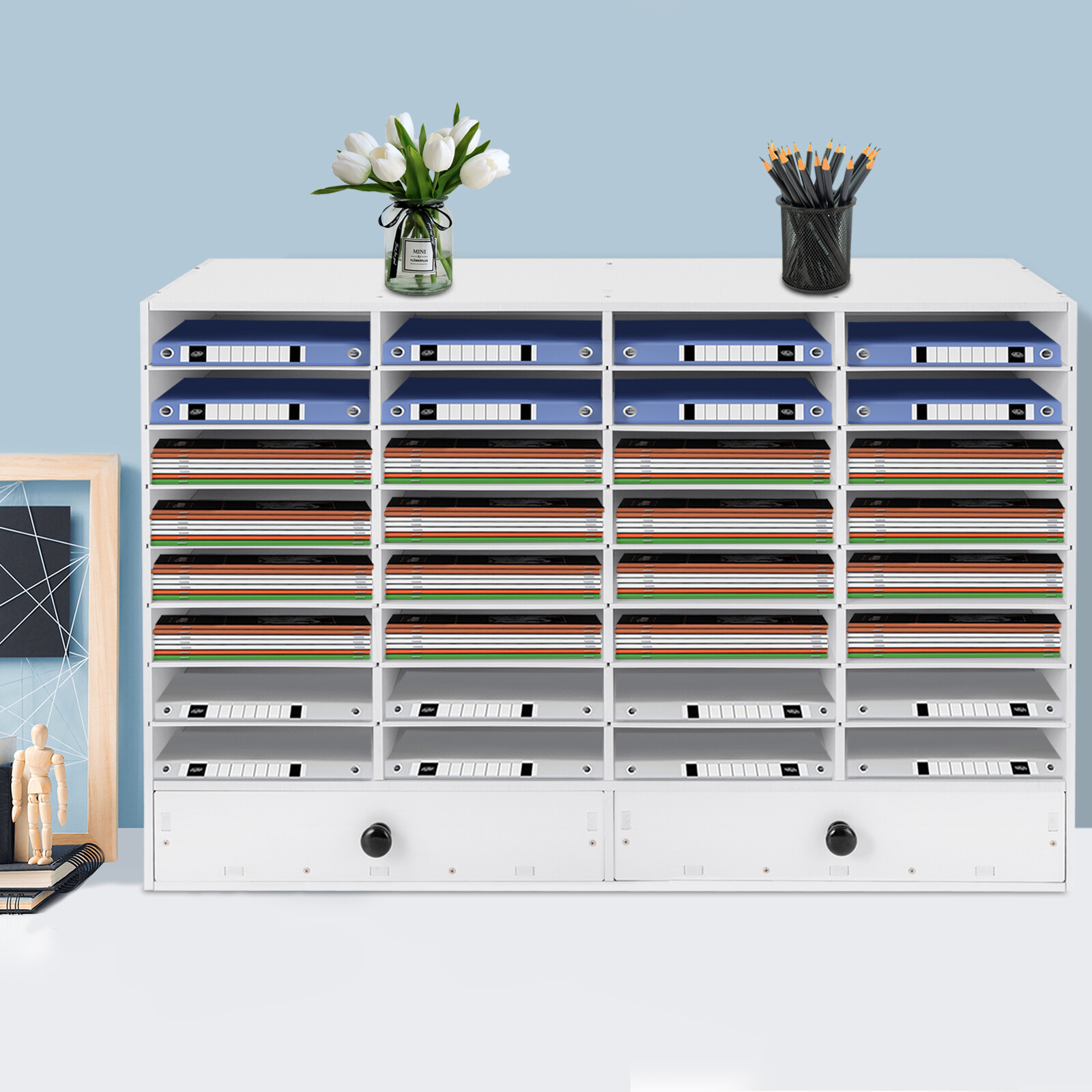 Adjustable Literature Organizer, 32 Compartment with 2 Drawers White HOT