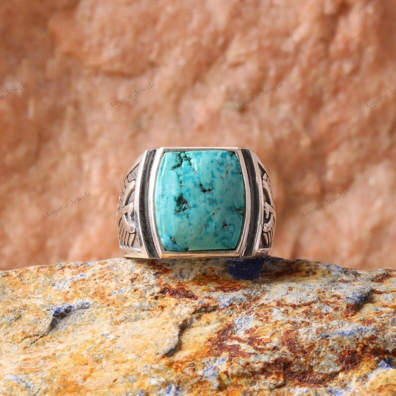 Raw Tibetan Turquoise Ring 925 Silver Ring Thunderbird Ring Men Signet Ring