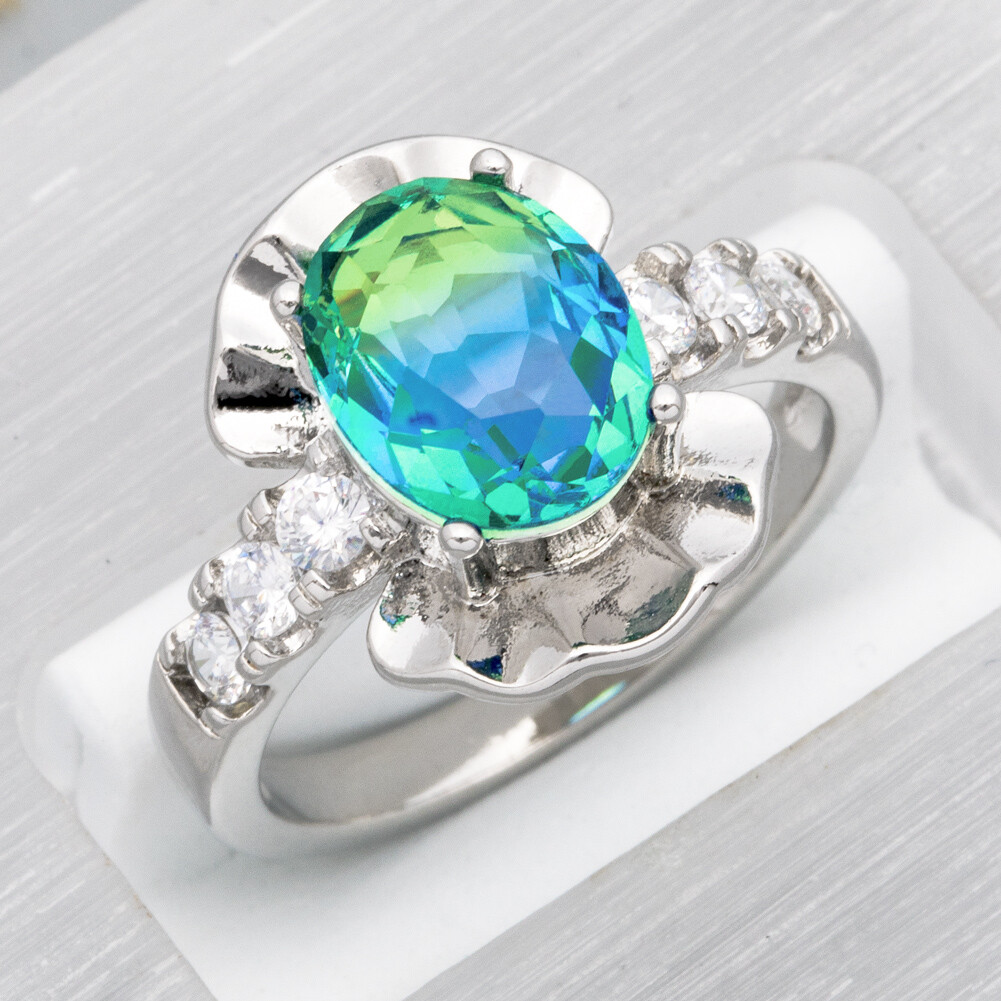8x10 Blue-Green Simulated Tourmaline CZ Silver Jewelry Women Ring Size 6 7 8 9