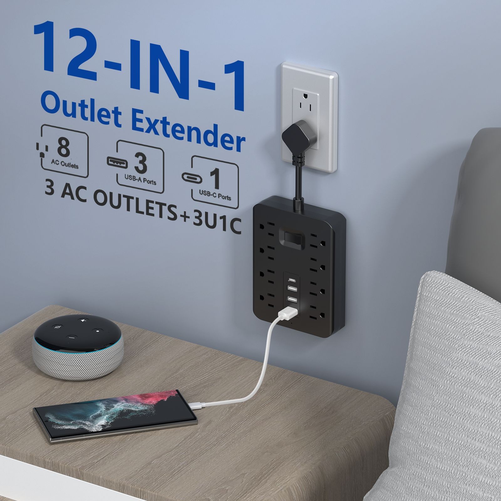 US Surge Protector Power Strip 8 AC Outlets USB Ports Type C Plug Wall Mountable